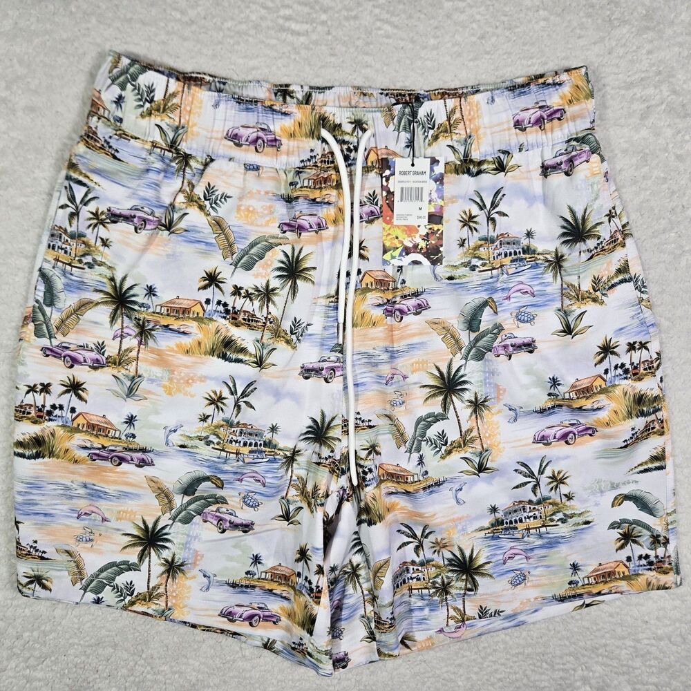 Robert Graham Swim Trunks Mens Medium 7" Inseam Vacation Mode Cars Lined Shorts